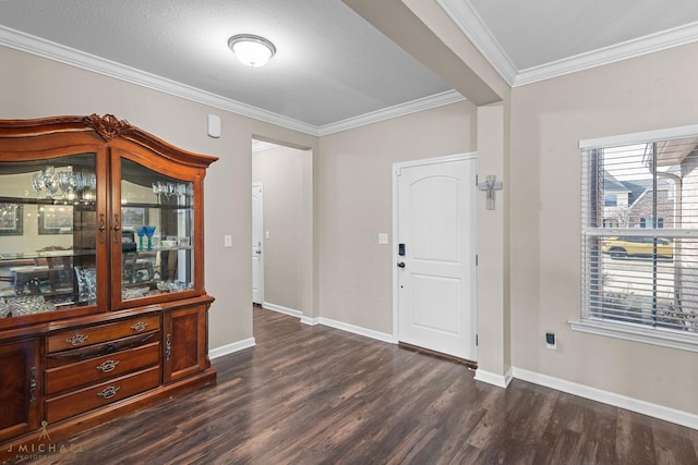 entrance foyer featuring crown molding and dark wood-type flooring