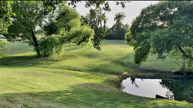 view of home's community with a lawn and a water view