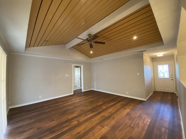 empty room featuring wood ceiling, dark wood-type flooring, ceiling fan, and vaulted ceiling