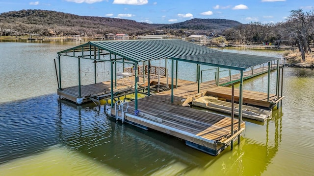 view of dock featuring a water and mountain view