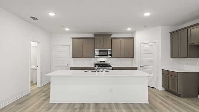 kitchen with visible vents, tasteful backsplash, light wood finished floors, stainless steel appliances, and an island with sink