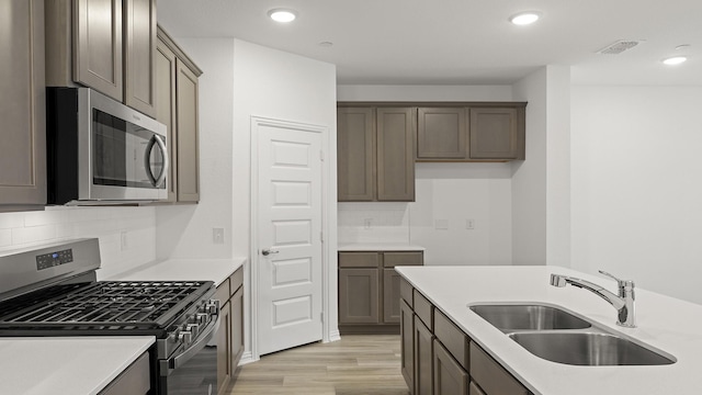 kitchen featuring backsplash, visible vents, appliances with stainless steel finishes, light wood-type flooring, and a sink