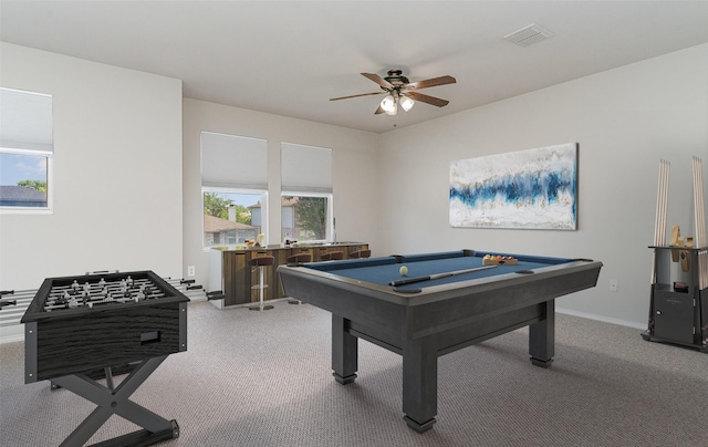 rec room with billiards, baseboards, visible vents, a ceiling fan, and carpet floors