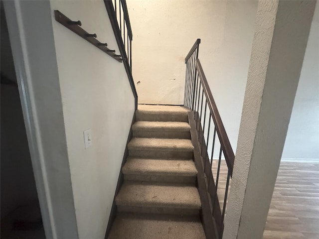 stairway with hardwood / wood-style flooring