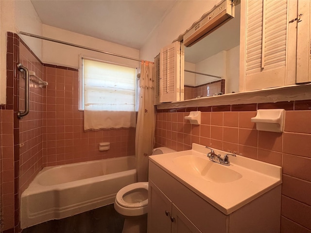 full bathroom with toilet, tile walls, vanity, shower / bathtub combination with curtain, and backsplash