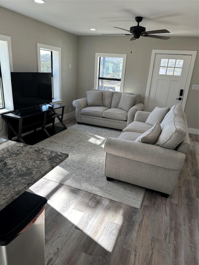 living room featuring ceiling fan and dark hardwood / wood-style floors