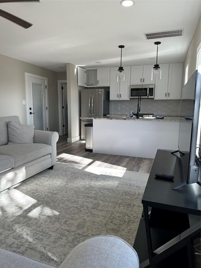 living room featuring dark wood-type flooring