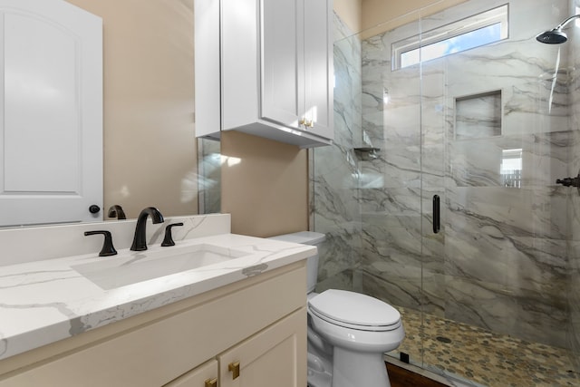 bathroom featuring vanity, toilet, and a shower with door