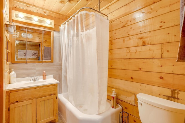 full bathroom featuring shower / tub combo with curtain, toilet, wood ceiling, vanity, and wooden walls