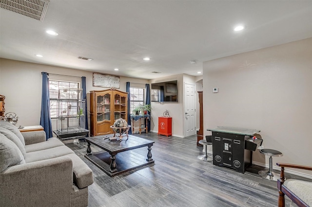 living room with dark wood-type flooring