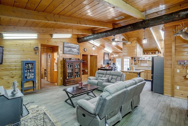 living room with vaulted ceiling with beams, wooden walls, and wooden ceiling