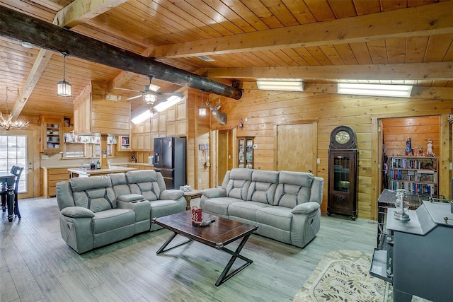 living room featuring vaulted ceiling with beams, wooden ceiling, light wood-type flooring, and wood walls