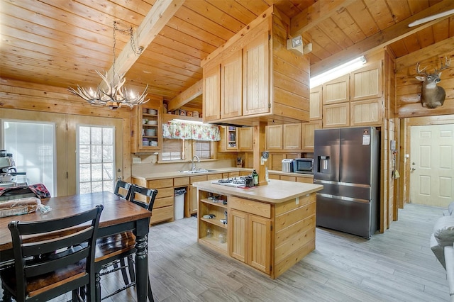 kitchen featuring light brown cabinetry, sink, wooden ceiling, appliances with stainless steel finishes, and wooden walls