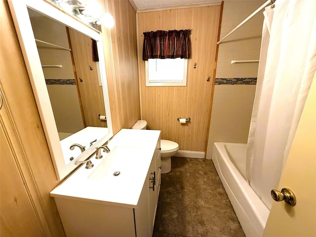 full bathroom featuring toilet, vanity, shower / bath combo with shower curtain, and wood walls