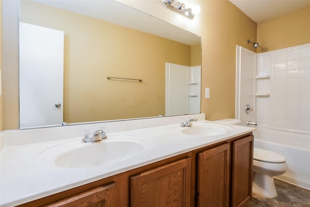 full bathroom featuring vanity, bathtub / shower combination, and toilet