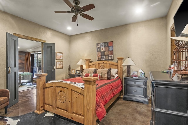 bedroom with dark carpet and ceiling fan