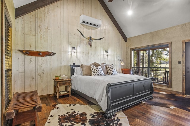 bedroom featuring ceiling fan, vaulted ceiling with beams, access to exterior, dark hardwood / wood-style floors, and a wall mounted AC