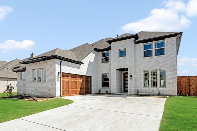 view of front of home with brick siding, fence, concrete driveway, a front yard, and a garage