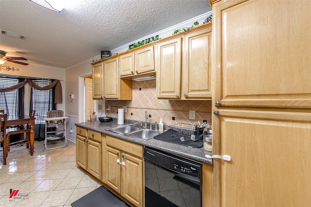 kitchen featuring sink, light tile patterned floors, black dishwasher, ceiling fan, and decorative backsplash