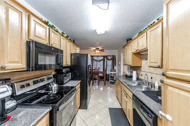 kitchen with light tile patterned flooring, sink, backsplash, ceiling fan, and black appliances