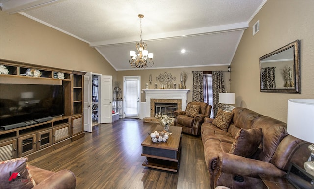 living room featuring lofted ceiling with beams, crown molding, a brick fireplace, and dark wood-type flooring