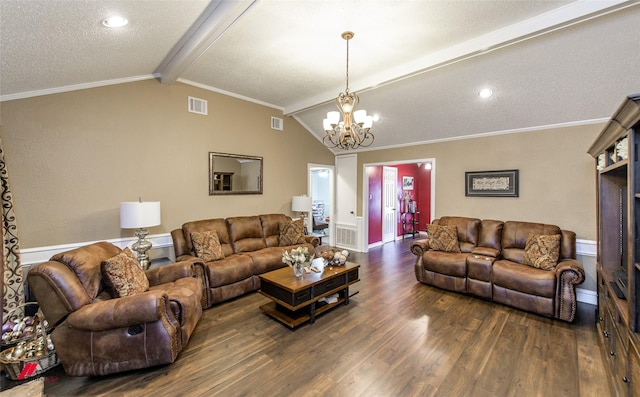 living room with crown molding, vaulted ceiling with beams, dark wood-type flooring, and a chandelier