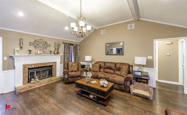 living room featuring vaulted ceiling with beams, a fireplace, ornamental molding, and dark hardwood / wood-style floors