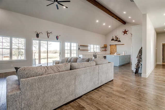 5621 County Road 803, Joshua, TX 76058 - living area featuring beam ceiling, a ceiling fan, high vaulted ceiling, recessed lighting, and light wood-style floors
