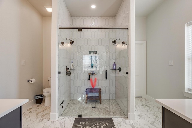 bathroom with vanity, toilet, and a shower