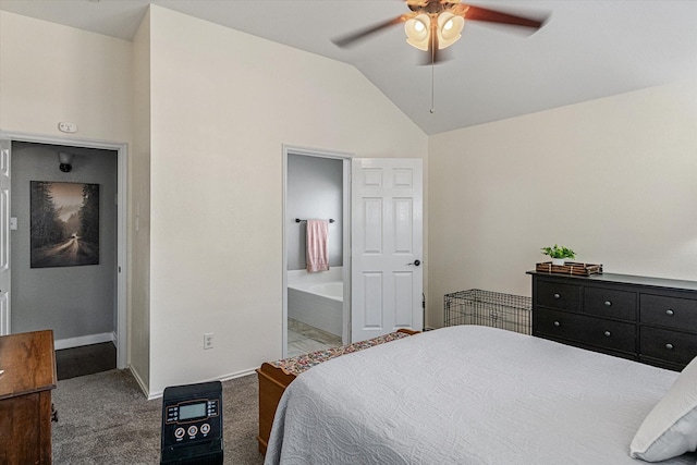 carpeted bedroom with lofted ceiling, connected bathroom, and ceiling fan