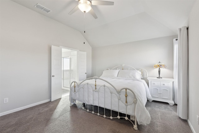 carpeted bedroom featuring vaulted ceiling and ceiling fan