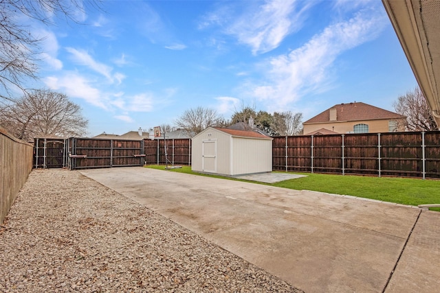 view of yard with a patio and a storage shed