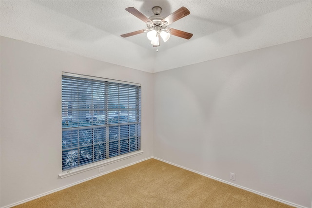 spare room with ceiling fan, carpet flooring, and a textured ceiling