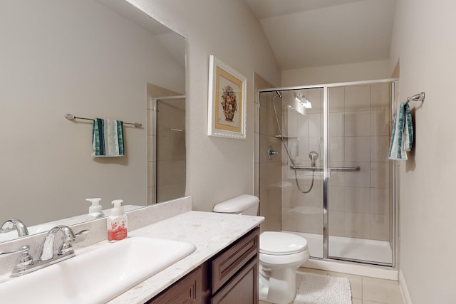 bathroom with vaulted ceiling, vanity, walk in shower, toilet, and tile patterned floors