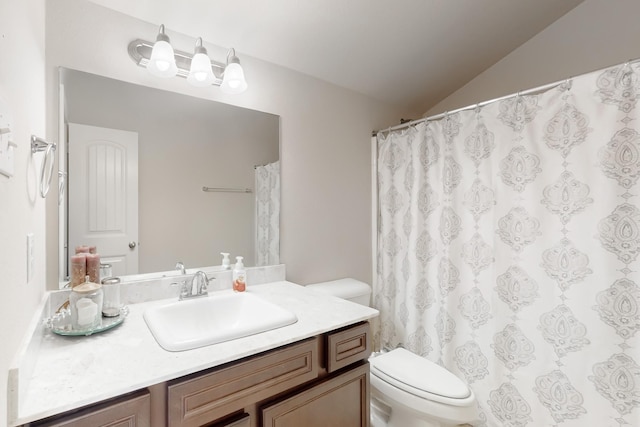 bathroom featuring vaulted ceiling, vanity, and toilet