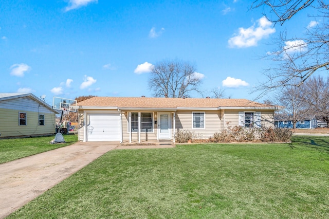 ranch-style home with a garage and a front lawn