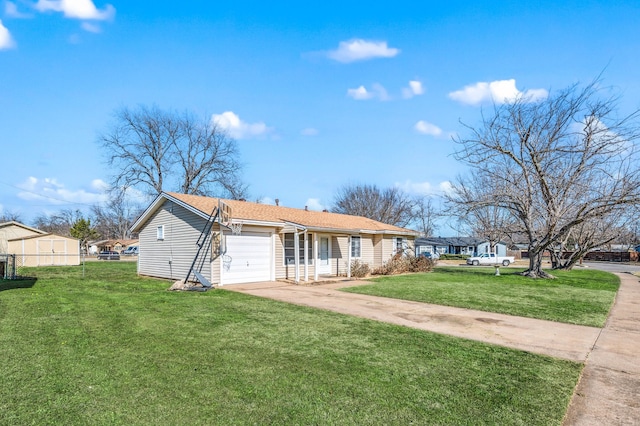 ranch-style home with a garage and a front lawn