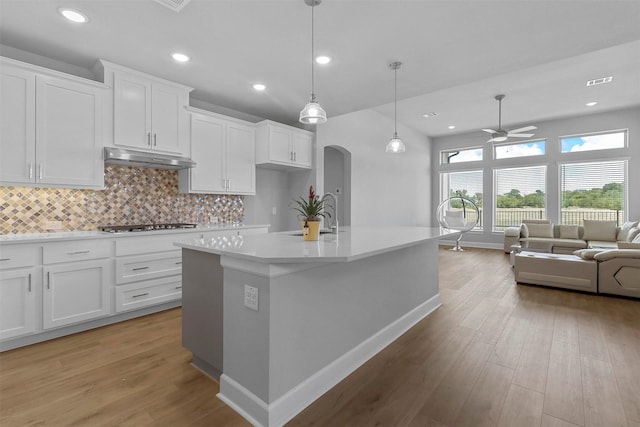 kitchen featuring white cabinetry, pendant lighting, tasteful backsplash, and an island with sink