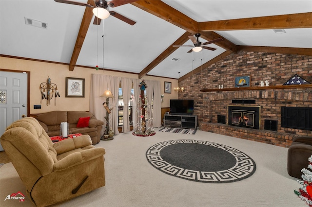 carpeted living room featuring ceiling fan, vaulted ceiling with beams, and a fireplace