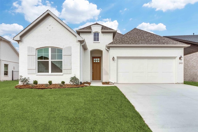 view of front of house featuring brick siding, a shingled roof, concrete driveway, a front yard, and an attached garage