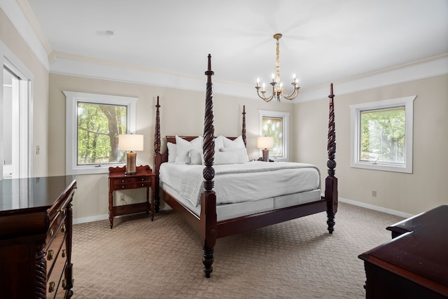 carpeted bedroom featuring crown molding, a chandelier, and multiple windows