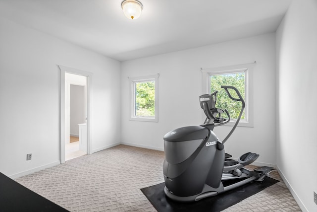 exercise room featuring light carpet