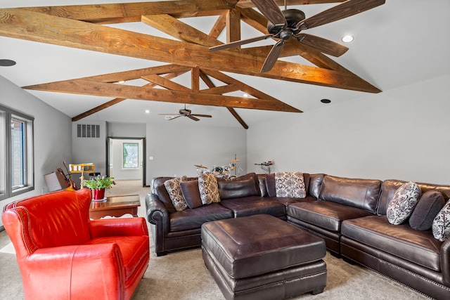 living room with vaulted ceiling with beams, light colored carpet, and ceiling fan