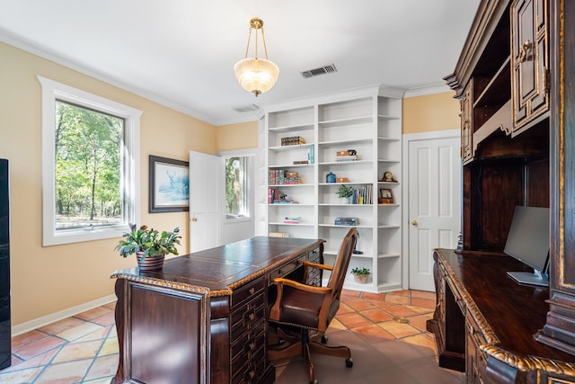 office space with light tile patterned flooring, plenty of natural light, and crown molding