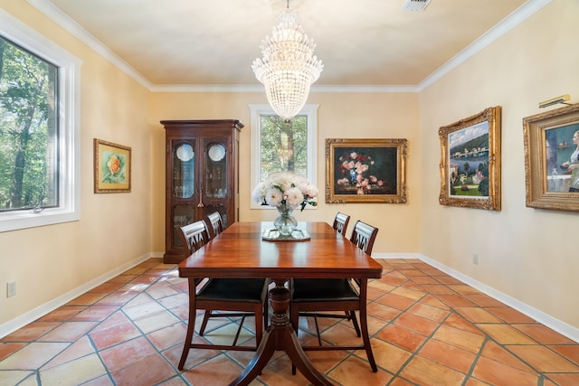 dining room featuring crown molding, a healthy amount of sunlight, and a notable chandelier