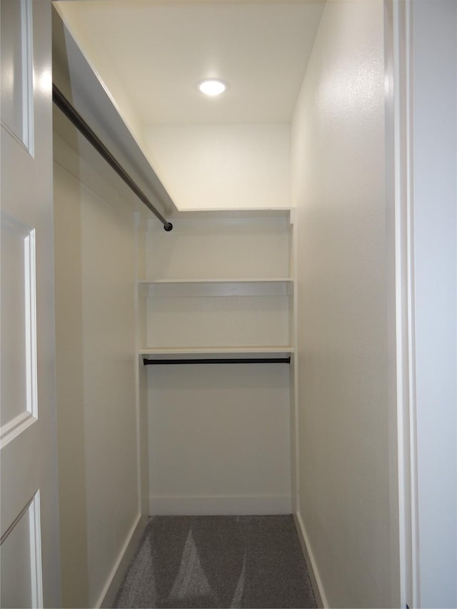 walk in closet with dark carpet