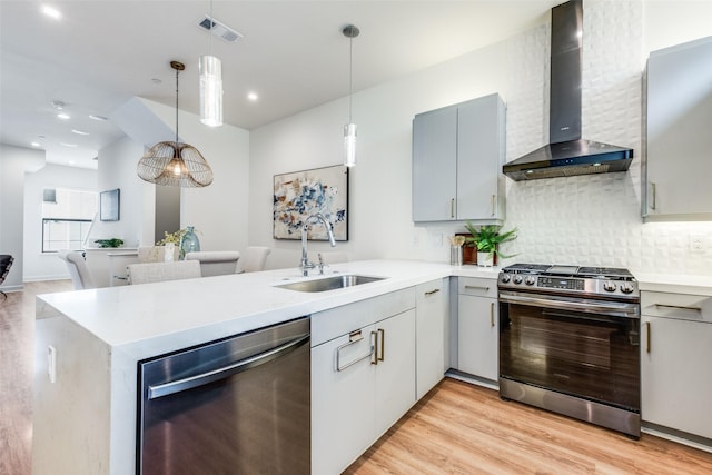 kitchen featuring wall chimney exhaust hood, stainless steel appliances, kitchen peninsula, and sink