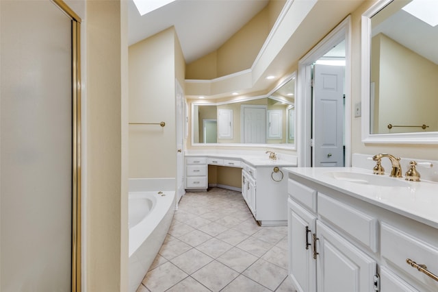 bathroom featuring vanity, lofted ceiling with skylight, tile patterned flooring, and plus walk in shower