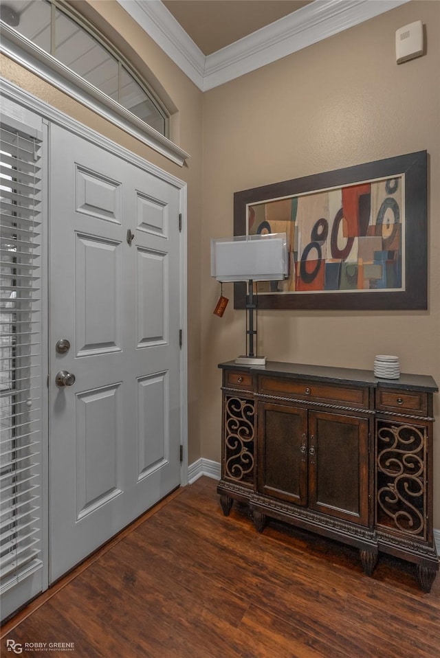 foyer with ornamental molding and dark wood-type flooring