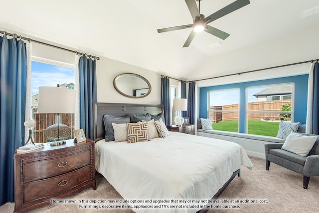 carpeted bedroom with ceiling fan, vaulted ceiling, and multiple windows